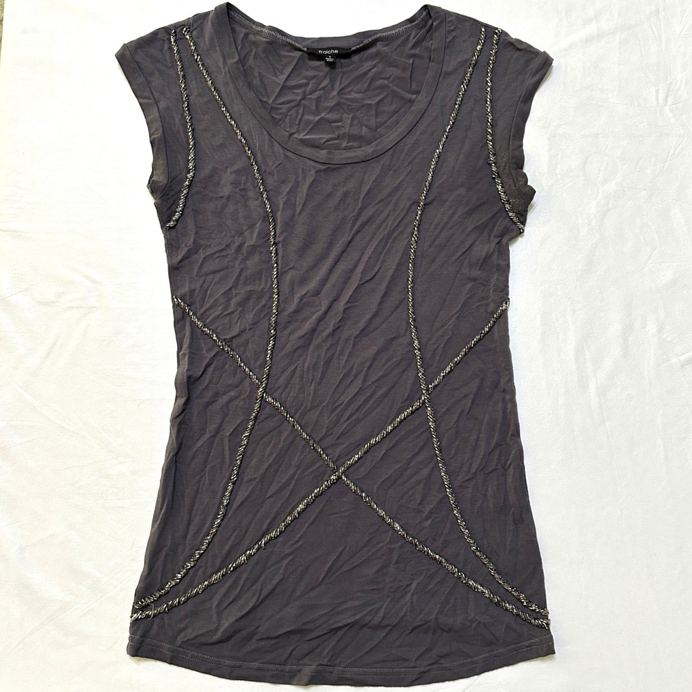 Fraiche Y2K Grey Beaded Jersey Tunic Top S Cap Sleeve Edgy Grunge Indie Sleaze
